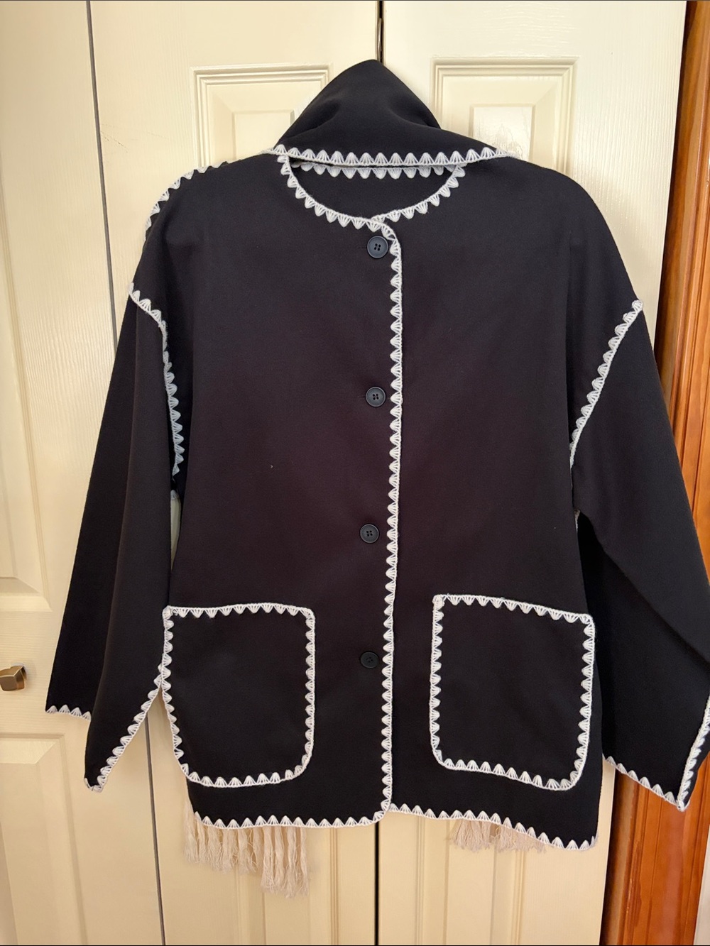 Black Women's Button-Front Coat with White Trim and Fringe/Scarf - Picture 2 of 2